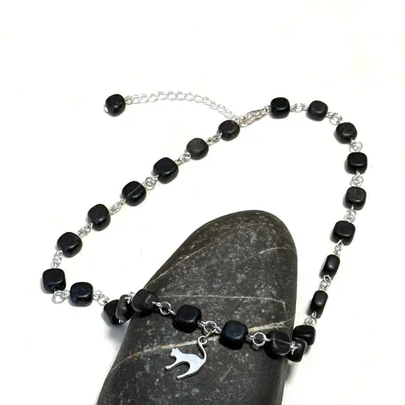 Genuine Black Agate Short Necklace, Gemstone Cube & Cute Slim Cat Pendant - Picture 6 of 12